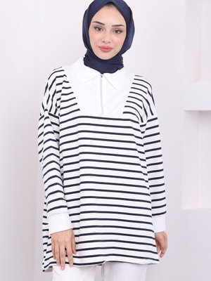 Lacivert Yaka Fermuarlı Çizgili İki İplik Sweatshirt Lacivert Yaka Fermuarlı Çizgili İki İplik Sweatshirt