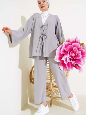 Gri Önü Bağlamalı Kimono İkili Takım
