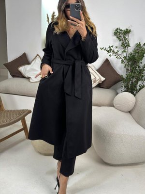 Siyah Güderi Uzun Trençkot