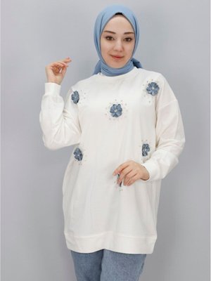 Ekru İp Kumaş Taş Ve Boncuk Detaylı Sweatshirt Ekru İp Kumaş Taş Ve Boncuk Detaylı Sweatshirt
