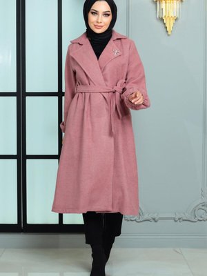 Gül Kurusu Broş Detaylı Kaşe Kaban