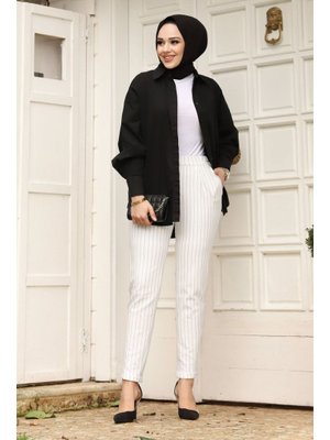 Beyaz Double Paça Çizgili Havuç Pantolon Beyaz Double Paça Çizgili Havuç Pantolon