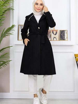 Siyah Kapüşonlu Kaşe Kaban