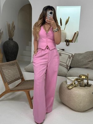 Pembe Keten Doku Pamuk Palazzo Pantolon