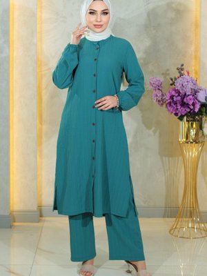 Turkuaz Düğmeli İkili Takım