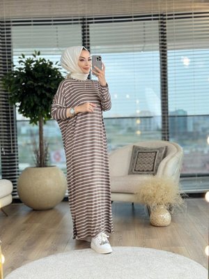 Penye Enine Kalın Çizgili Elbise