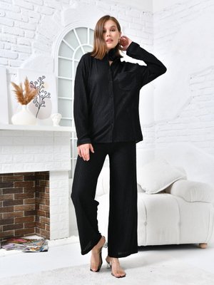 Siyah Göğüs Cepli Geniş Paça Pantolunlu Takım Siyah Göğüs Cepli Geniş Paça Pantolunlu Takım