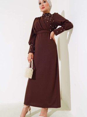 Kahverengi İnci Süslemeli Özel Gün Abiye Elbise Kahverengi İnci Süslemeli Özel Gün Abiye Elbise