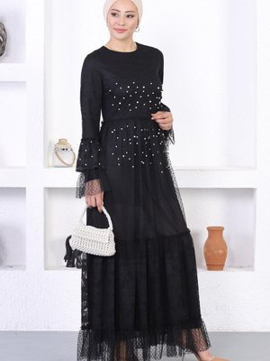 Siyah İncili Dantelli Volan Kol Abiye Elbise