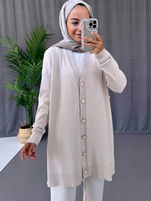 Button Fitilli Merserize Hırka Taş