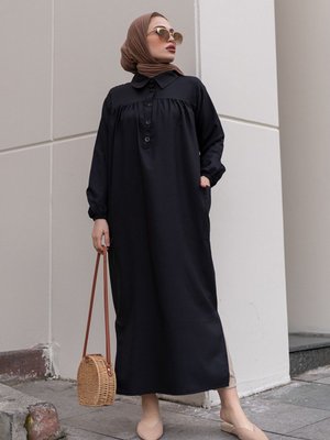 Yanları Yırtmaç Robalı Tam Boy Tunik Siyah