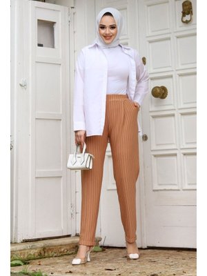 Taba Double Paça Çizgili Havuç Pantolon Taba Double Paça Çizgili Havuç Pantolon