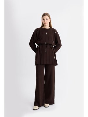 Kahve Meysa İnci İşleme Triko Takım