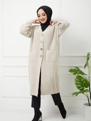 Düğmeli Cepli Krem Triko Salaş Hırka