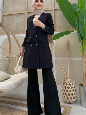 Cep Görünümlü Ön Düğme Detay Astarlı Ceket Siyah