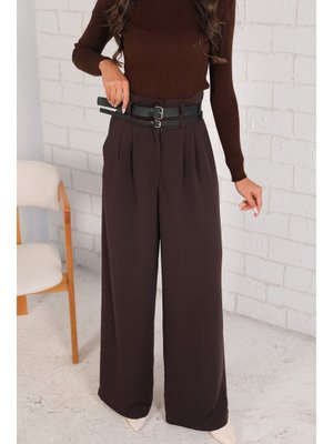 Kahverengi Çift Kemerli Palazzo Pantolon
