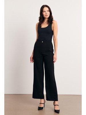 Siyah Yüksek Bel Geniş Paça Pantolon