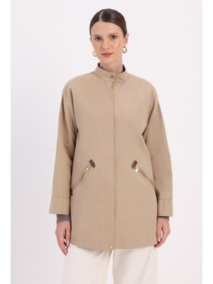 Taş Cepli Fermuarlı Kısa Trençkot