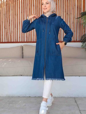 Koyu Lacivert Kapşon Detaylı Kot Kap