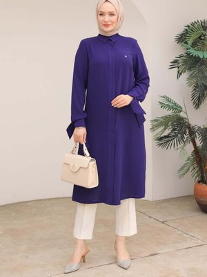 Gizli Düğmeli Gömlek Yakalı Tunik