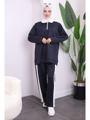 Lacivert Fermuarlı Gömlek Yaka Tunik Pantolonlu Takım