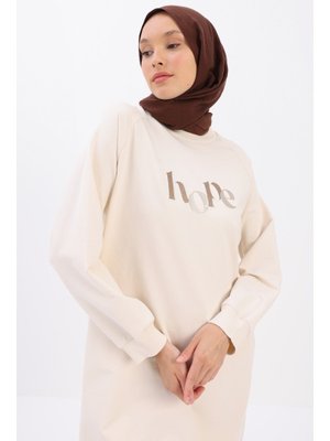 Ekru Nakışlı Fermuar Detaylı Reglan Kol Sweat Tunik