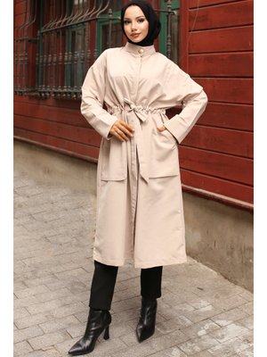 Taş Rengi Yakası Düğme Detaylı Kuşaklı Trençkot