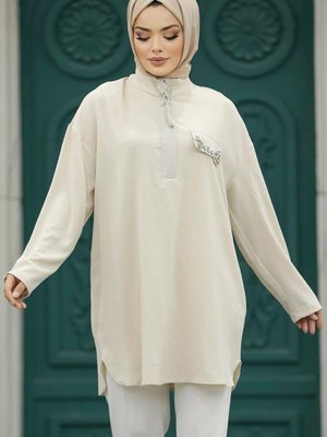 Fermuar Detaylı Bej Tunik