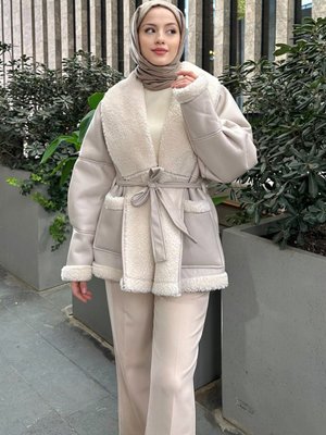 Kemerli Deri Biker Mont Taş Rengi Kemerli Deri Biker Mont Taş Rengi