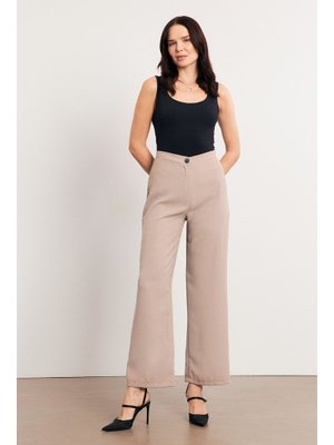 Bej Yüksek Bel Geniş Paça Pantolon