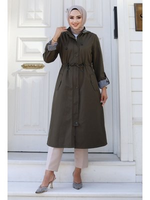 Haki Önden Çıtçıtlı Astarı Çizgili Trençkot