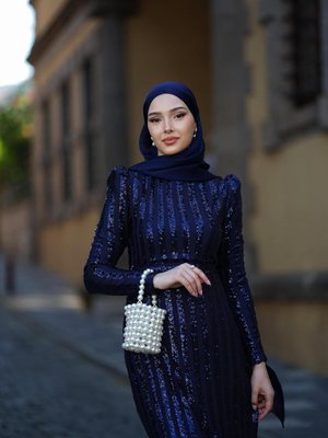 Maren Lacivert Şerit Pullu Belden Kuşaklı Abiye Elbise