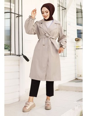 Taş Rengi Omuzu Apolet Detaylı Beli Kuşaklı Trençkot