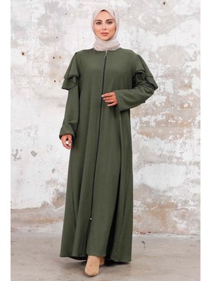 Haki Fırfır Kol Boydan Fermuarlı Ferace