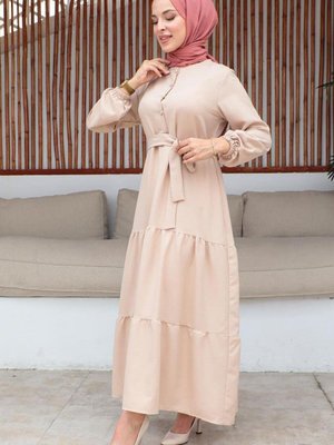 Camel Düğme Detaylı Somon Elbise