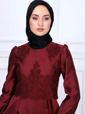 Micro Kumaş Detaylı Abiye Elbise Bordo