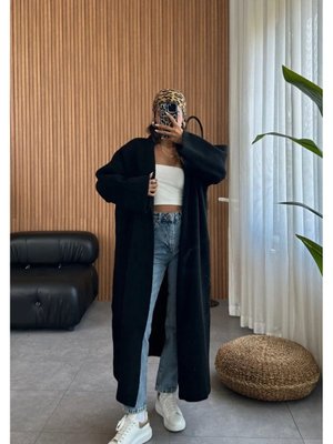 Siyah Maxi Boy Uzun Polarlı Kalın Triko Hırka