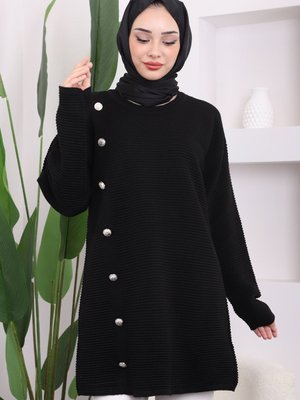 Siyah Düğme Detaylı Gofralı Triko Tunik Siyah Düğme Detaylı Gofralı Triko Tunik