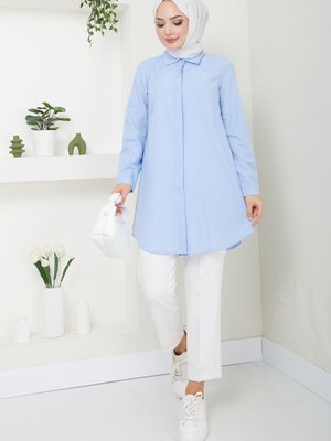 Bebe Mavi Terikoton Gizli Düğmeli Boyfriend Gömlek