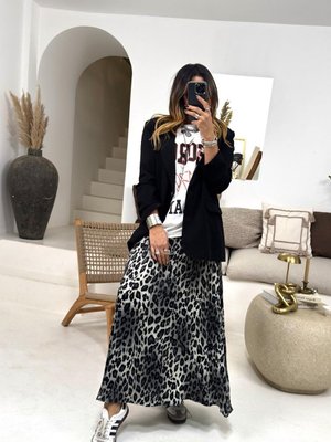 Siyah Gri Buruşuk Mat Saten Leopar Uzun Etek
