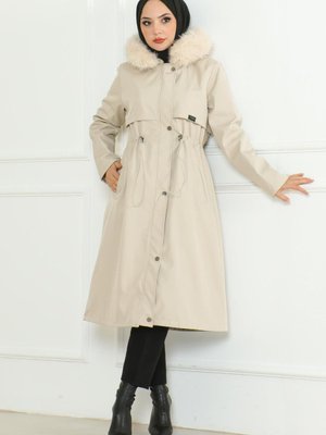 Gizli Fermuarlı Kapüşonlu Mont Bej
