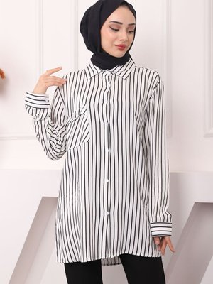 Beyaz Çizgili Tek Cepli Gömlek