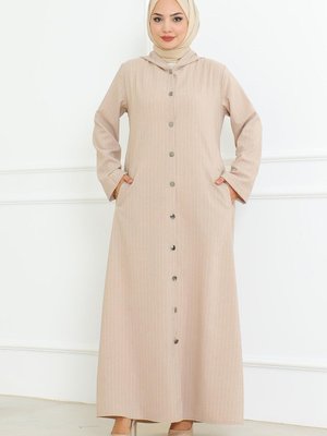 Bej Düğme Detaylı Ahsen Elbise