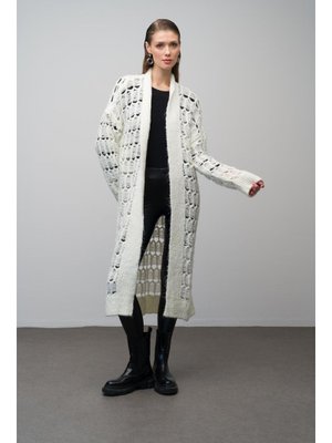 Ekru Ajurlu Uzuın Triko Hırka