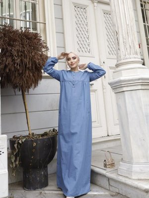 Açık Lacivert Düğme Detaylı Kot Elbise