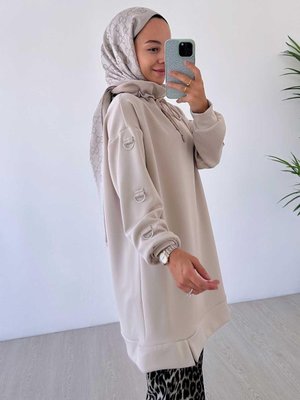 Halka Detaylı Oversize Scuba Sweatshirt Bej