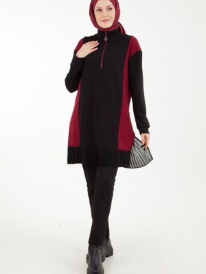 Armine Trend Önden Fermuarlı Plise Detaylı Tunik Bordo