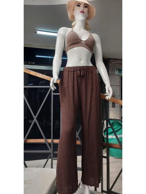 Kahverengi İtalyan Boru Paça Keten Pantolon
