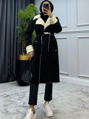 Rima Nubuk Kürklü Kaban Kuşaklı Siyah