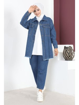 Mavi Püskül Detaylı Kot Ceket